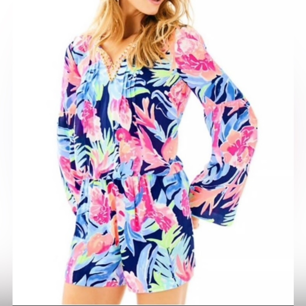 Lilly Pulitzer Ariele Romper in the High Tide Navy Tropicolada floral print. M